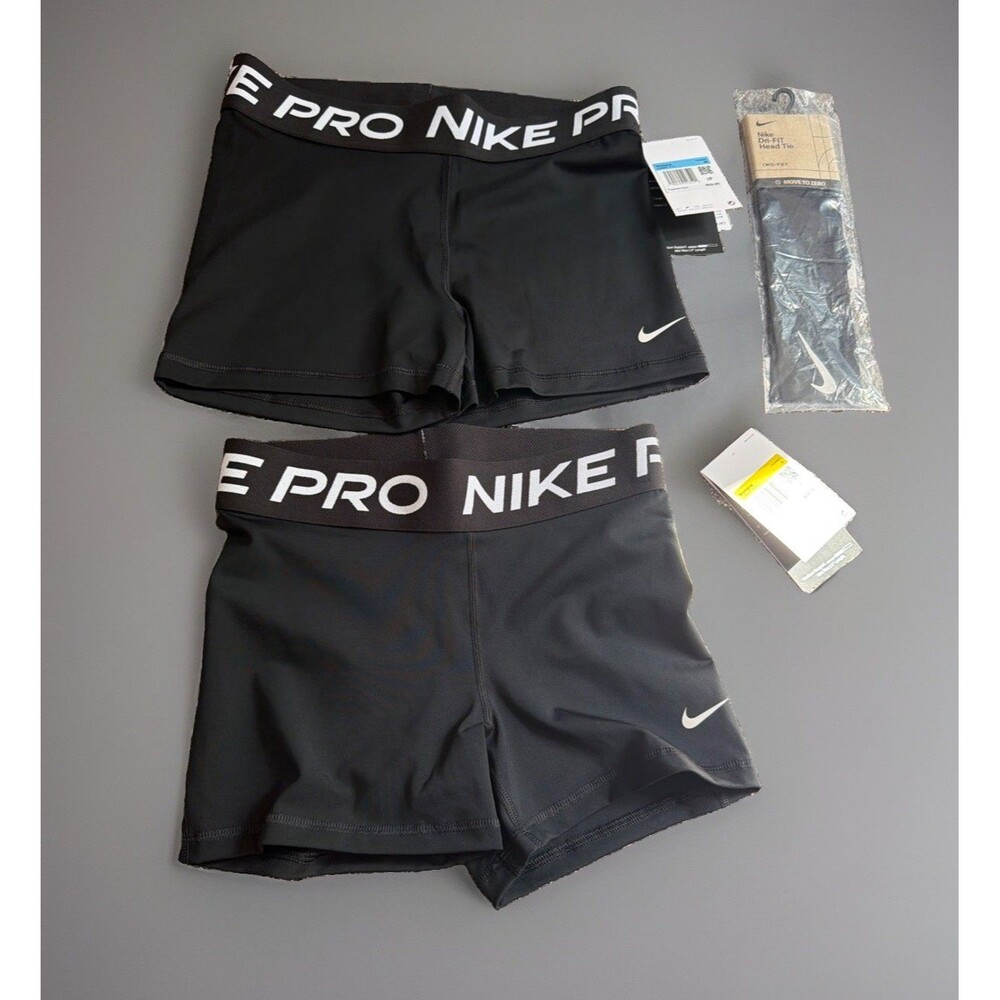 NWT Womens Nike Pro Mid Rise 3” Bike Shorts Lot & Dri Fit Hair Tie Lot S/M